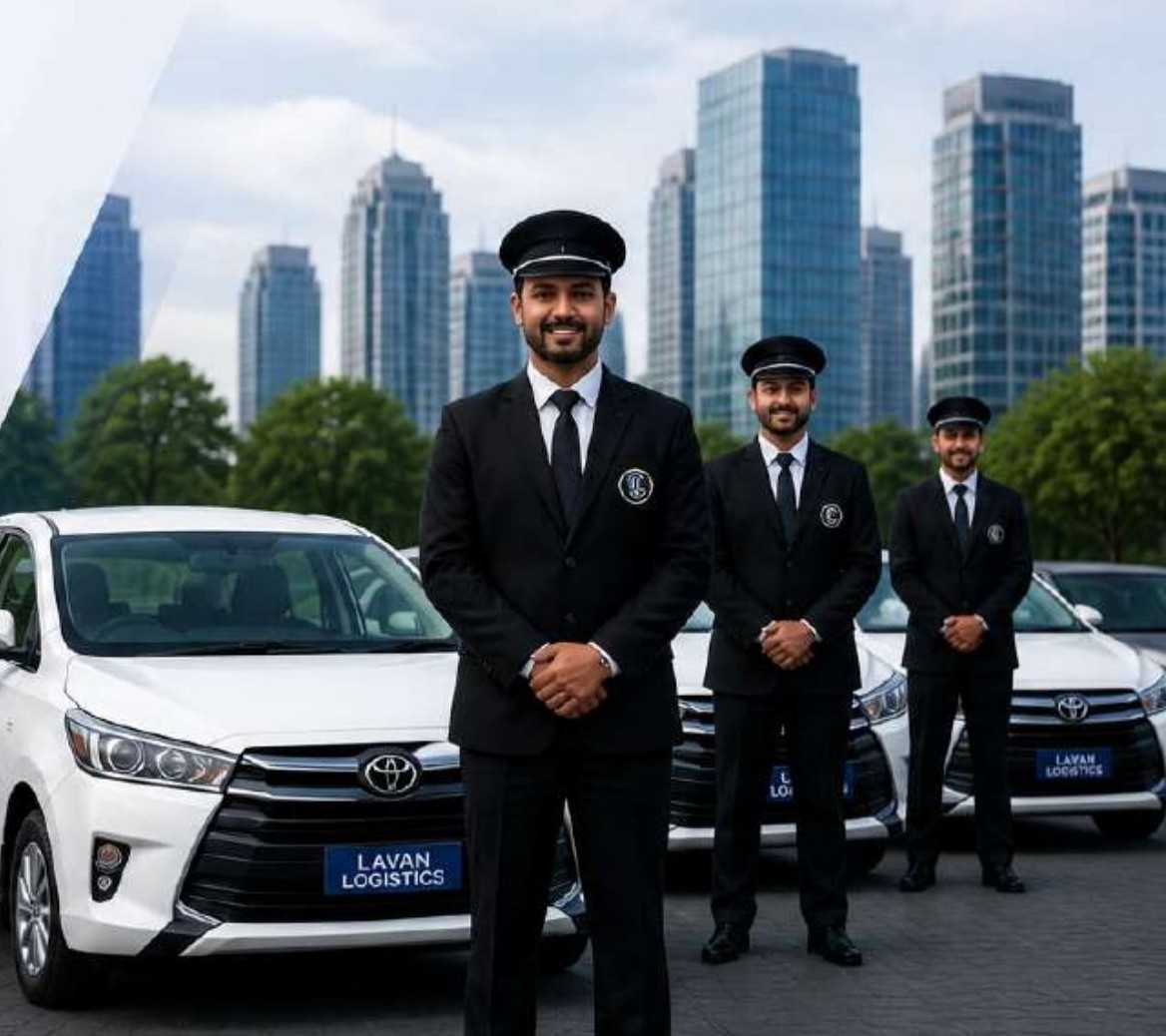 Lavan Logistics chauffeurs standing beside white corporate cabs in Hyderabad